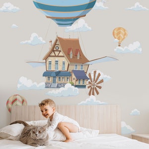 carta da parati per bambini, murale per bambini di una casa volante, decorazione della stanza del bambino, carta da parati per bambini, casa murale con palloncini, casa su