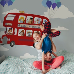 MURAL BUS ROJO - carta da parati rossa per bambini - carta da parati per animali per bambini - murale animale per bambini