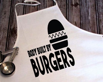 Funny Apron, Body By Burgers Apron, White Canvas Apron, Mothers Day Gift, Fun Chefs Gift, Fathers Day Gift, Cooking Lovers Gift, BBQ Apron