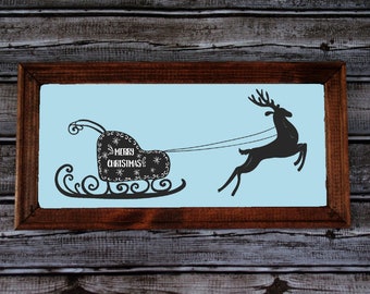 Merry Christmas Santa And Reindeer Sign, Farmhouse wall art, Farmhouse decor, framed signage, bedroom sign, Christmas, Christmas Decoration