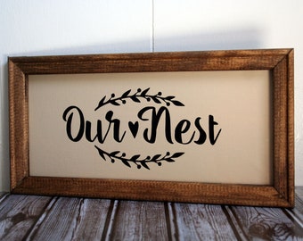 Our Nest Sign with laurel branches, Farmhouse wall art, Farmhouse decor, framed farmhouse signage, bedroom signs, wedding gift, newlyweds