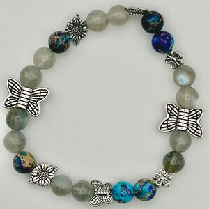 Genuine Rainbow flash LABRADORITE bracelet , Imperial Jasper CRYSTAL Gemstones with butterfly and sunflower charms , positive love aura