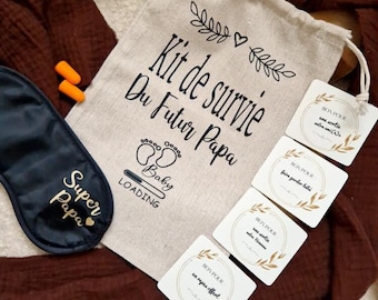 Future dad announcement. Future dad survival kit pouch. Father's Day pregnancy announcement, future mom gift. Surprise gift idea.