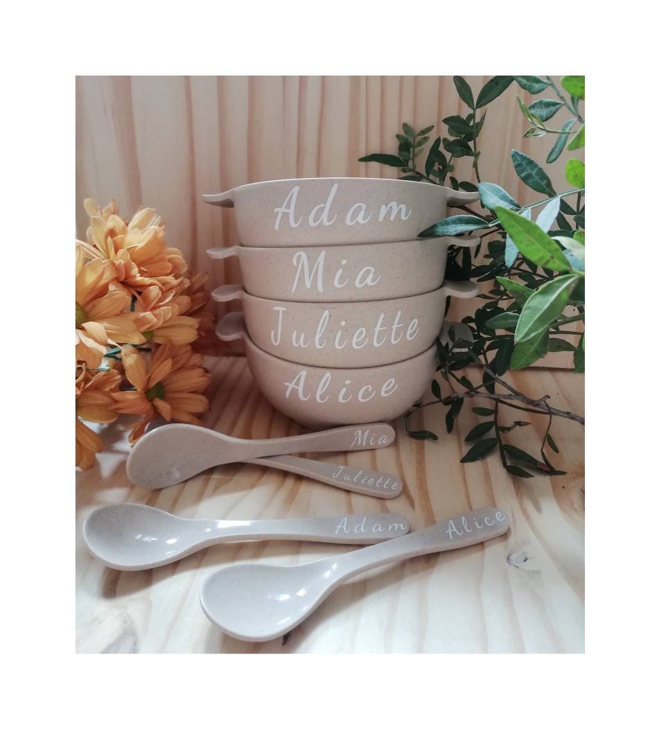 Lot Bol Cuillère Personnalisable. Prénom Enfant. Couvert Vaisselle. Vynil. Plastique Rigide Réutilis