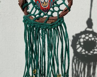 Hemp & Wood - “Floral Fringe” Dreamcatcher in Deep Teal Green - Evil Eye - Rearview