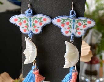 Twilight Tulips Dangles - Sterling Silver, Acrylic & Thread - Mixed Media Blue Butterfly Botanical Dangle Earrings