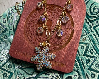 Crystal & Gold - "Sparkling Night" Snowflake Dangle Pendant / Necklace