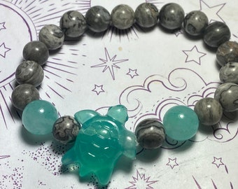 Blue Jade & Grey Banded Agate - "Teal of the Turtles" Elastic Bracelet from Luna Variabilis