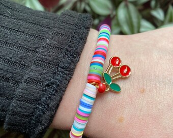 Polymer & Gold - "Cherry Bomb” Cherry 90s in Rainbow Stretchy / Elastic Bracelet / Bangle