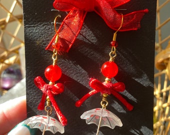 It’s Raining Love - Red Jade, Goldplated Sterling Silver, Acrylic & Thread - Mixed Media Stud Dangle Earrings