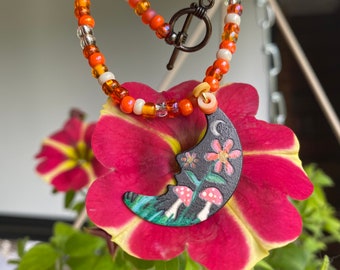 Orange Glass & Painted Moon - "Twilight Toadstools" Mushroom Moon Pendant / Necklace