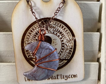 Porcelain Jasper - "Themisto" Copper Moon Wire Wrap Silver Adjustable Pendant / Necklace