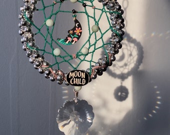 Amazonite, Glass & Hemp - “Wild Moon Child” Dreamcatcher in Deep Teal Green - Mixed Media Suncatcher