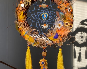 Lapis, Carnelian & Hemp - “Growth” Dreamcatcher in Royal Blue with Tassles - Kallima Inachus Moth - Mixed Media Gemstone Wreath