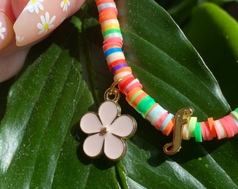 Polymer & Gold - "f” Flower Cursive Monogram in Rainbow Stretchy / Elastic Bracelet / Bangle