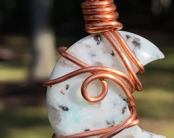 Kiwi Jasper - "Pasiphae" Gemstone Moon Copper Wire Wrap Copper Pendant / Necklace