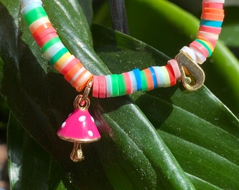 Polymer & Gold - "s" Mushroom  Cursive Monogram in Rainbow Stretchy / Elastic Bracelet / Bangle