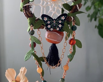 Carnelian, Ocean Jasper & Copper - “Garden Gateway” Dreamcatcher in White - Mixed Media Gemstone Wreath