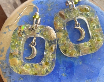 Opal, Peridot, Resin & Sterling Silver - "Moon in the Box” Earrings / Dangles