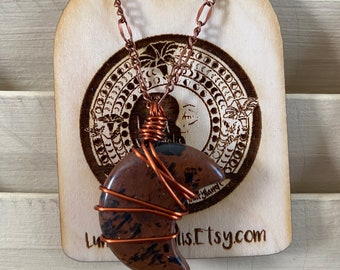 Mahogany Obsidian - "Cyllene" Moon Wire Wrap Antique Copper Pendant / Necklace