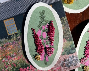 Foxglove painting, Stitched Painting, Embroidery on Paper, Wild flower Art, Dungeness Inspired Embroidered Garden.