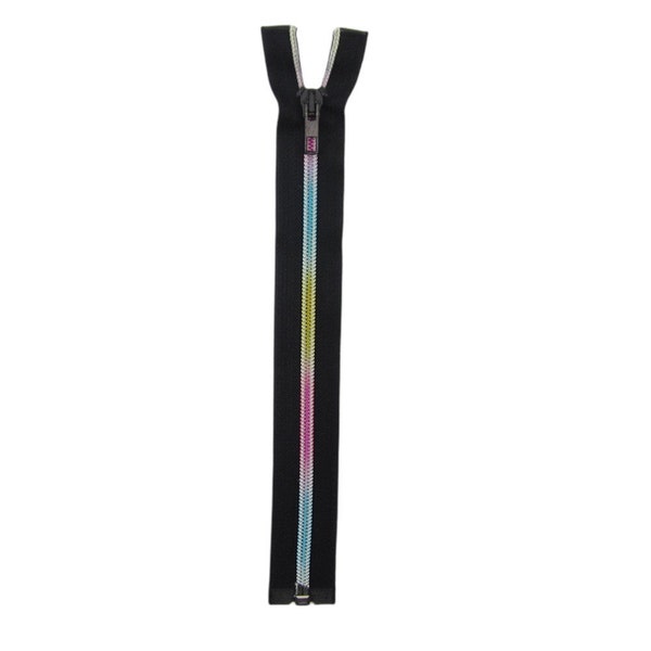 Reißverschluss für Jacken, schwarz mit Spirale in metallisierten Regenbogenfarben, 25cm - 80cm Länge