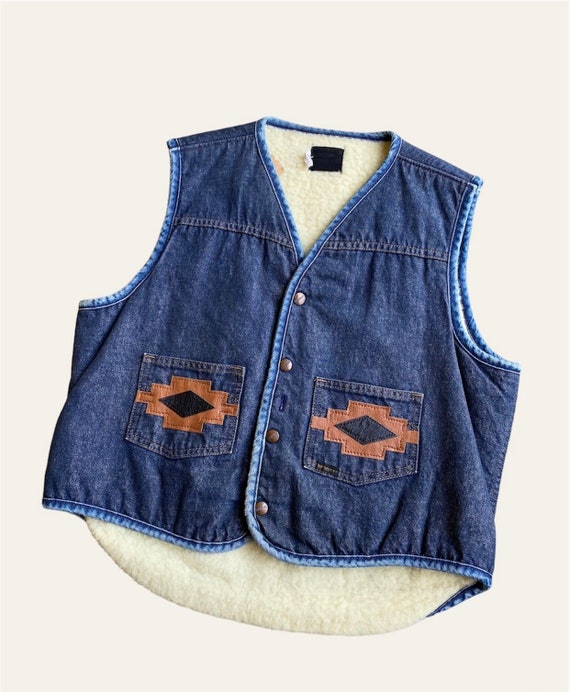 Large 80s Roebucks Sears Sherpa Lined Denim Vest