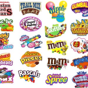Op de afbeelding: Een kleurrijke verzameling snoeplogo's, waaronder Skittles, Starburst, M&Ms, Reese's Pieces en meer. De logo's zijn gerangschikt in een rasterpatroon op een witte achtergrond.