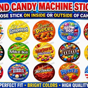May include: A collection of fifteen circular stickers for candy machines, featuring various brand logos and candy illustrations including Jelly Belly, Lemonhead, Reese's Pieces, Blow Pop, M&M's, Mike and Ike, Starburst, Skittles, Dubble Bubble, Hot Tamales, Runts, and American Gumball.