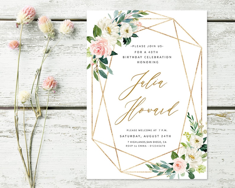 Editable in Templett ETHR Elegant birthday invitation with gold frame and dusty pink roses
