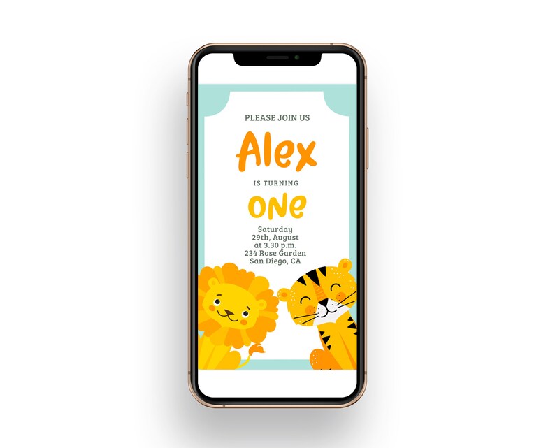 Animal party template SMS Lion Smartphone invitation Kid Circus birthday invitation tiger