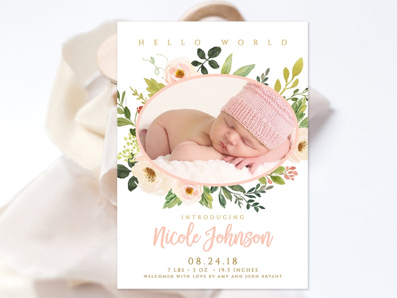 Editable template in Corjl VGRS Photo baby girl birth announcement invitation with blush pink cute flowers Newborn baby photo card