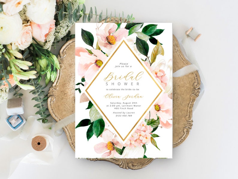 Blush Bridal Shower Invitation Card With Watercolor Flowers Etsy