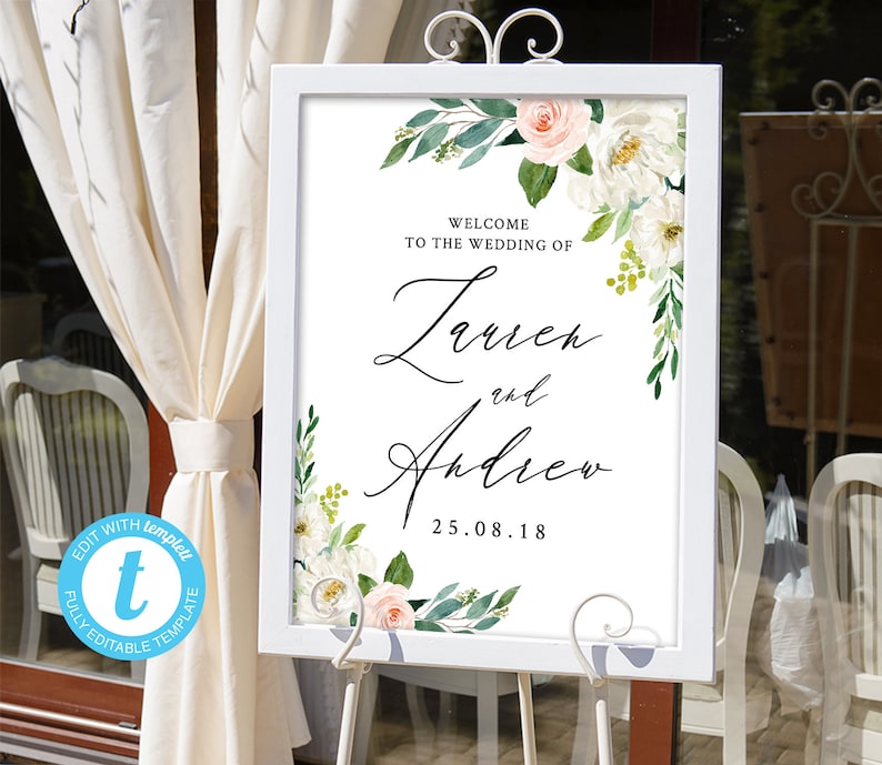 Floral Welcome sign I Wedding sign roses I Editable welcome sign template I Roses signI Wedding receptionI Printable sign I Templett ETHR