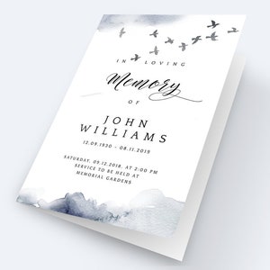 Funeral program template and Order of Service with birds, In loving memory, Celebration of life,  BWC