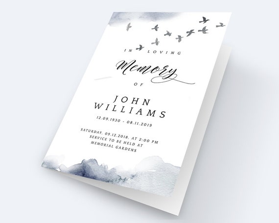 Funeral program template and Order of Service with flying birds Celebration of life Printable Editable Corjl In loving memory BWC