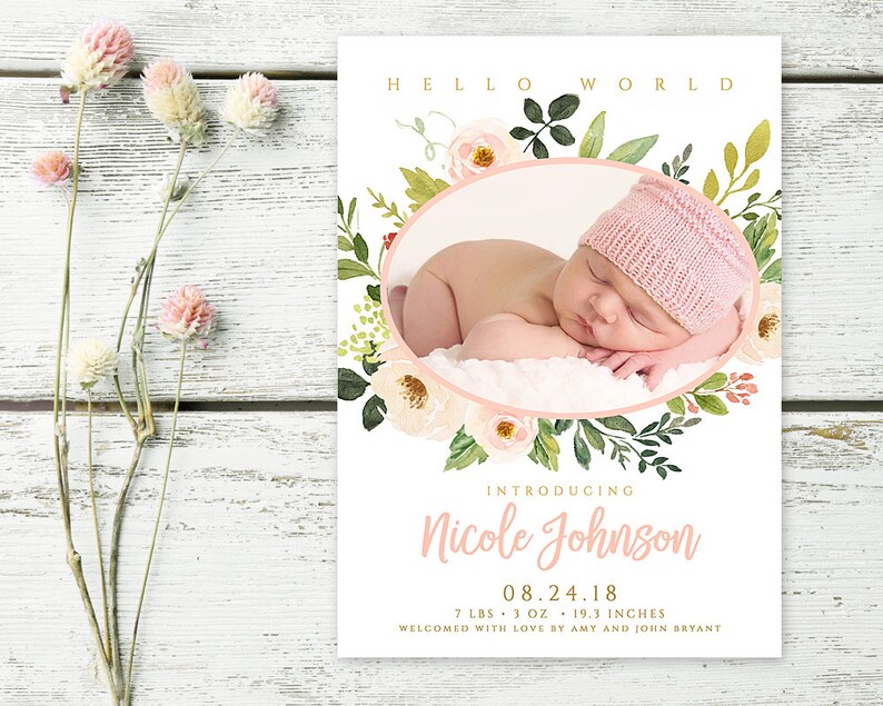 Editable template in Corjl VGRS Photo baby girl birth announcement invitation with blush pink cute flowers Newborn baby photo card