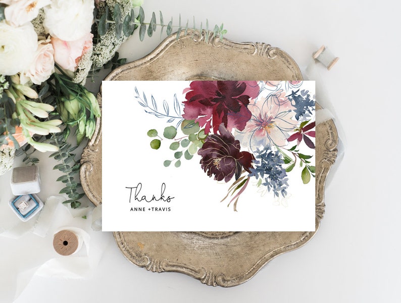 Floral thank you printable card Oxblood Editable Templett Navy blue Thanks card template plum WFB Burgundy wedding thank you card