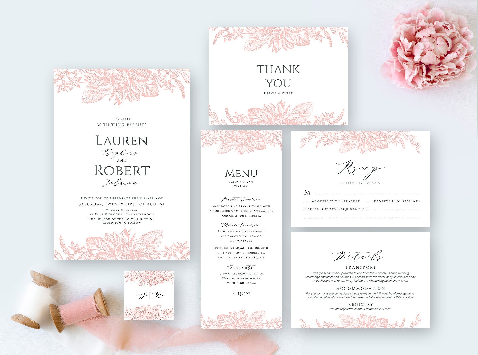 Wedding invitation suite decorated with delicate blush flower | Etsy