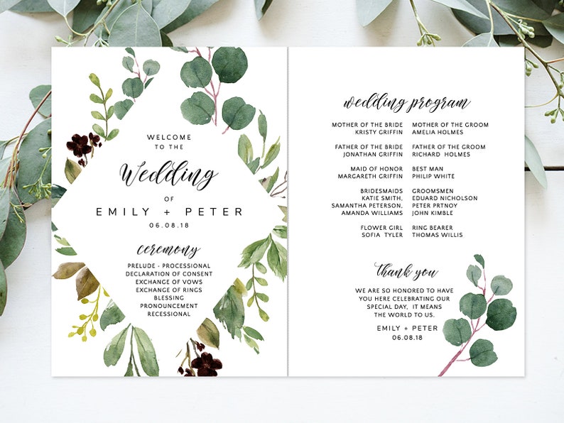 Greenery Wedding rustic Program Wedding ceremony program with eucalyptus greenery Rustic wedding fan Fan editable Template ETHG