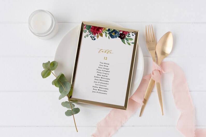 BGF Burgundy wedding table seating plan with flowers decor