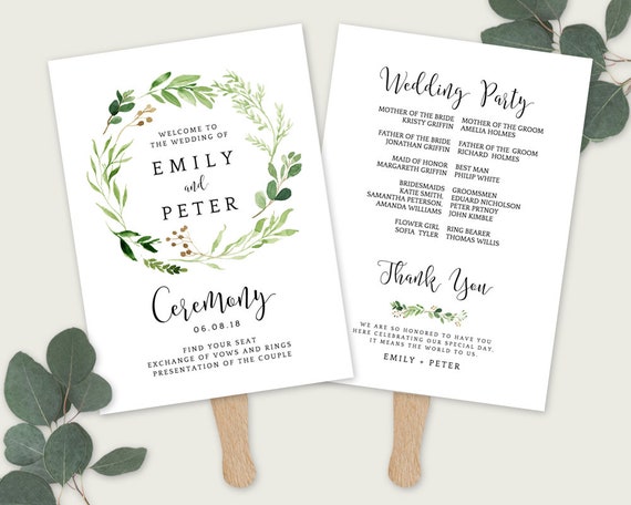 Greenery Wedding rustic Program Wedding ceremony program with eucalyptus greenery Rustic wedding fan Fan editable Template ETHG