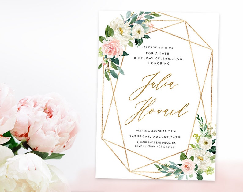 Editable in Templett ETHR Elegant birthday invitation with gold frame and dusty pink roses