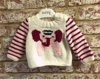 Hand knit Baby Sweater with Elephant Motif