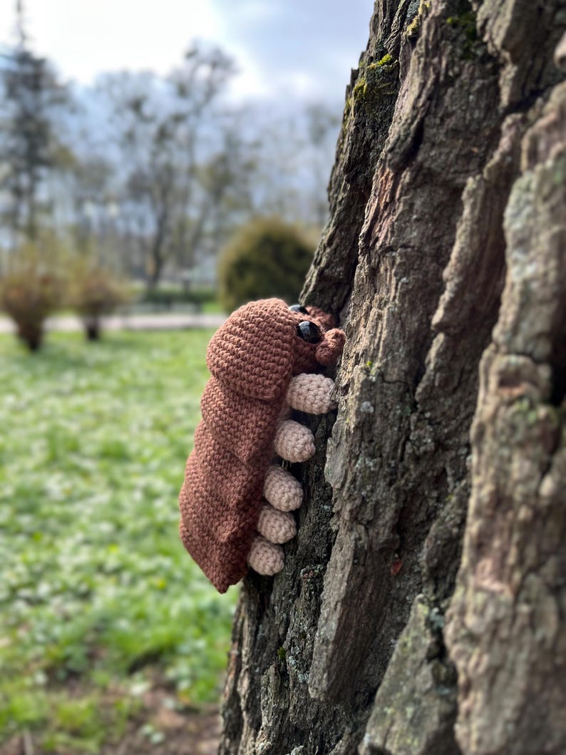 May include: A crocheted pill bug toy featuring a segmented brown body with a smooth, rounded head and two large black eyes. The underside of the creature displays multiple small, light beige legs arranged in pairs along the length of the body.