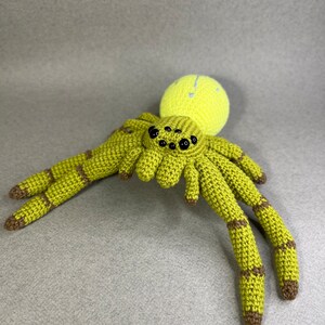 May include: A crocheted green spider with brown accents and eight legs. The spider has a yellow head with black eyes.