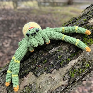 May include: A crocheted green spider with yellow accents and black eyes. The spider is sitting on a tree branch.