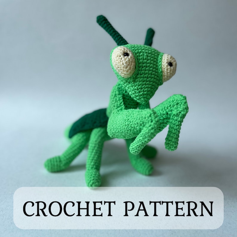 May include: Green crocheted praying mantis amigurumi toy with large white eyes. Crochet pattern.