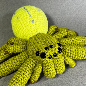 May include: A crocheted green spider with black eyes and a yellow head. The spider has eight legs and is made of yarn.