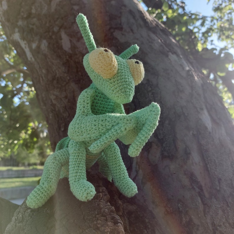 May include: A green crocheted stuffed toy shaped like a praying mantis. The toy has large, yellow eyes and is sitting on a tree trunk.